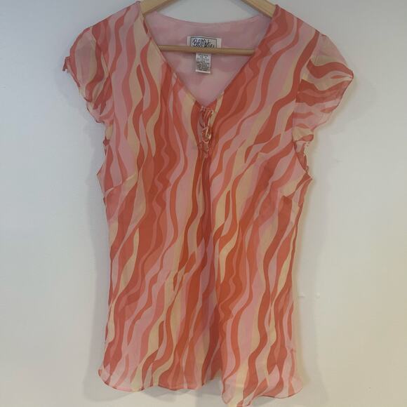 BOB MACKIE Sz 12 100% Silk Pink Orange Cap Sleeve Sheer Vibrant Colorful Artsy - Picture 1 of 7